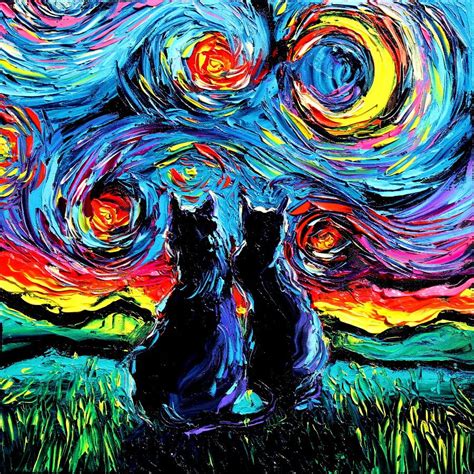 Van Goghs Cats Fun Colorful Starry Night Homage By Aja Of