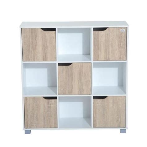 Bibliothèque meuble de rangement bicolore 4 casiers ouverts 5 portes coloris bois de chêne et ...