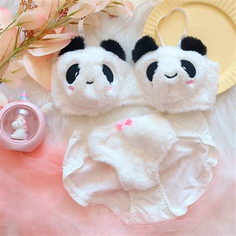 Fuzzy Furry Panda Bear Lingerie Set Bra Panty Set Soft Kawaii Babe