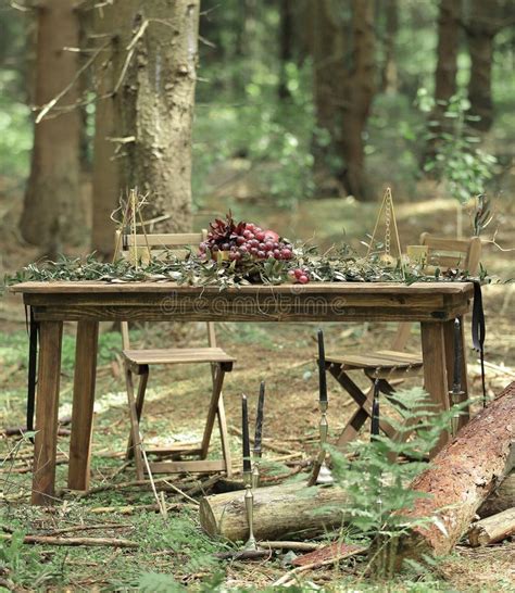 Table For A Festive Picnic In The Woodsholiday Concept Stock Photo