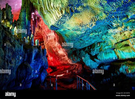 Underground Cave Sataplia With Colorful Illumination In Kutaisi