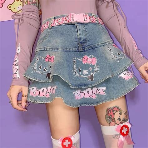 Japanese Cute “hello Kitty” Y2k Cake Denim Skirt By50058 Stylish Denim Skirt High Waisted