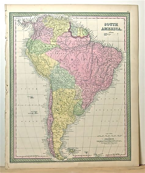 Original Antiguo Mapa De América Del Sur 1850 Color Grabado
