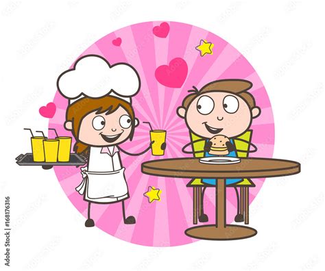 Cartoon Waitress And Boy Having Drink Together Vector Illustration