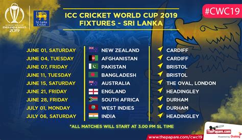 Fixtures For Sri Lanka World Cup 2019 Credits R