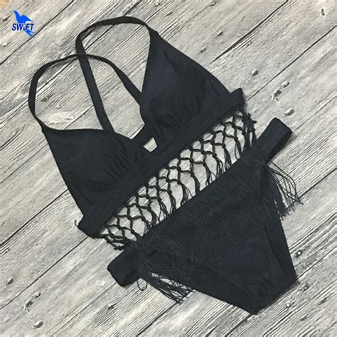 Solid Color Tassel Thong Bikini Set Summer Beach Push Up Swimsuit 2018 Female Swimwear Black