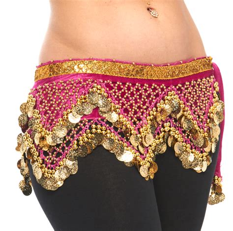 Velvet Pyramid Belly Dance Hip Scarf With Beads Coins FUCHSIA GOLD