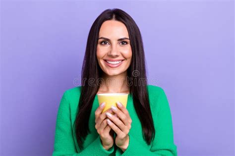 Portrait Of Young Cheerful Attractive Lady Wear Green Jumper Hold Cup