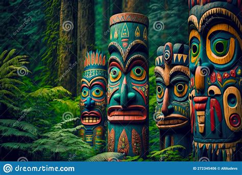 Ethnic Wooden Idols Totems Of Indians Tiki Mask In Forest Stock Illustration Illustration Of