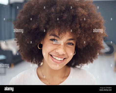 Happy Black Woman Afro And Portrait Smile With Teeth In Satisfaction For Great Hair Day At The