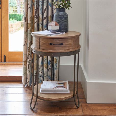 Round Industrial 1 Drawer Side Table Side Table Wooden Side Table