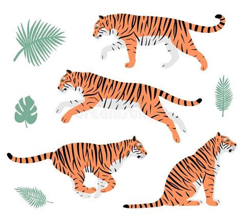 Vector Set Of Hand Drawn Tigers And Palm Leaves Stock Vector