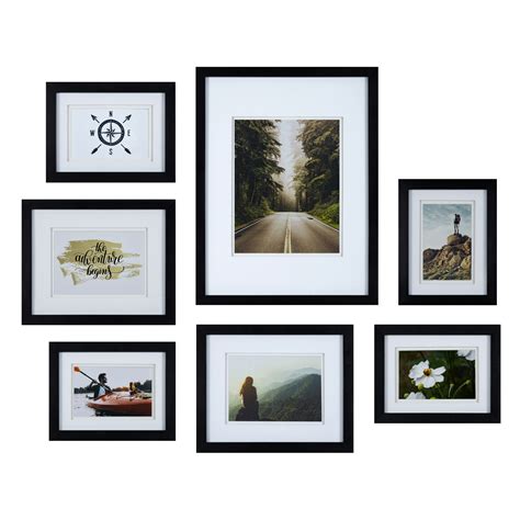 Set of 7 Piece Black Photo Frames with Double White Mat Wall Gallery Kit. Includes: Hanging ...