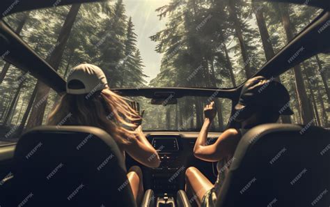 premium ai image two girls in a car with their hands up driving at summer