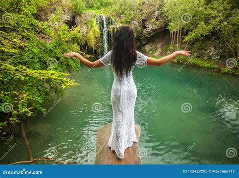 Beautiful Woman Relaxing In Tropical Waterfall Stock Image Image Of