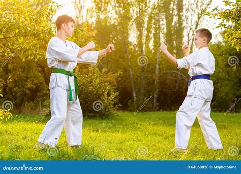 Muchachos En El Kimono Blanco Durante Karate Del Entrenamiento Foto De
