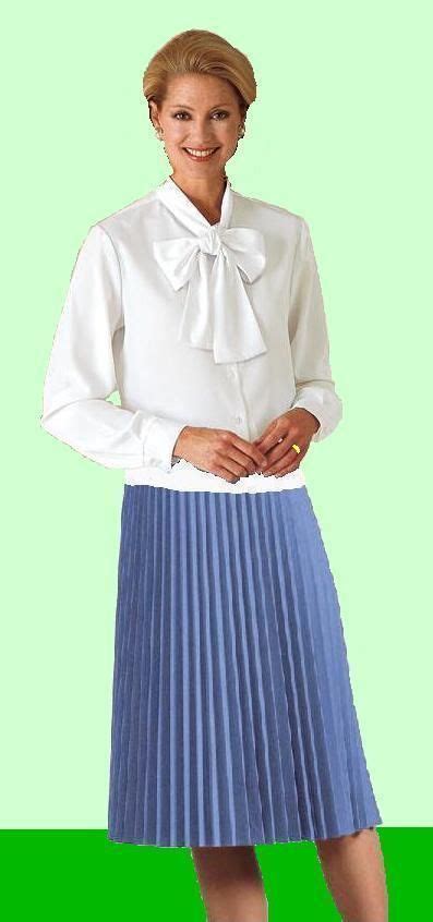 Light Blue Accordian Pleated Skirt With White Bow Tie Blouse Modesty