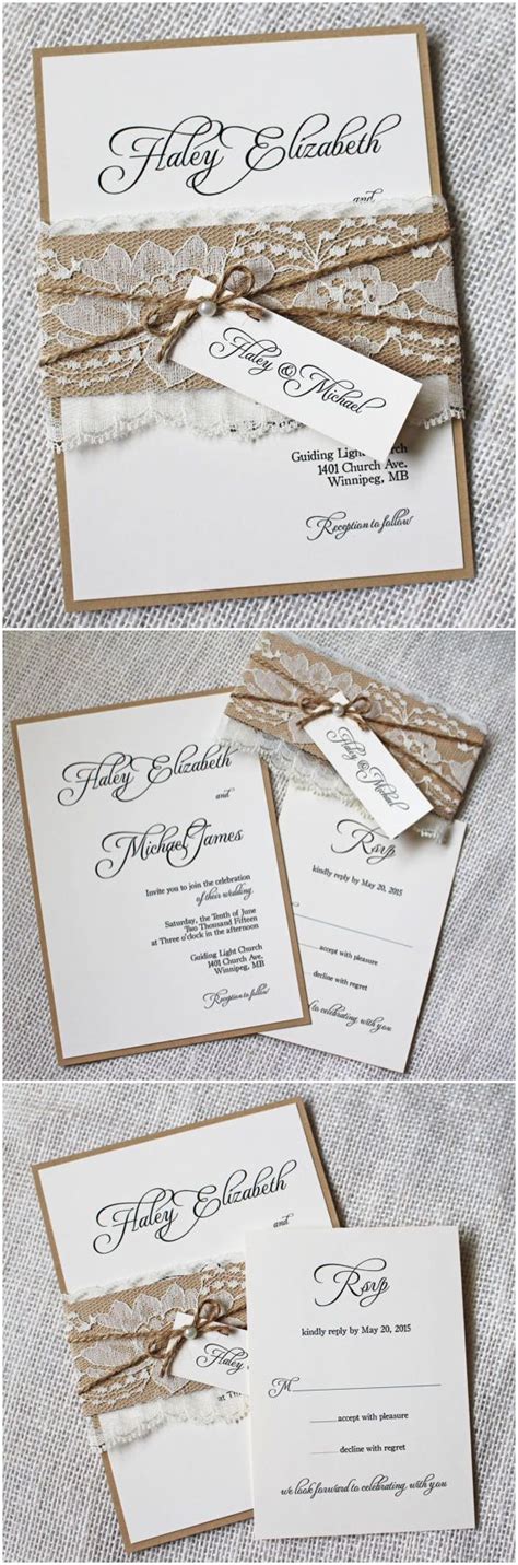 It will be just a. chic rustic wedding invitation cards with pearl lace and ...