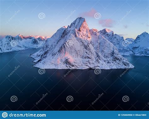 Drone Photo Sunrise Over The Mountains Of The Lofoten Islands Reine