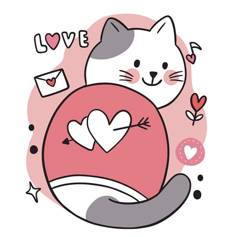 Hand Draw Cartoon Cute Valentines Day Doodle Cat And Hearts Vector