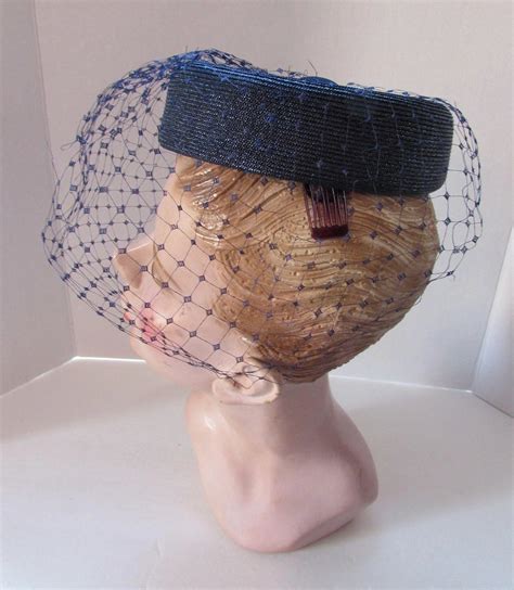 Vintage Pill Box Hat In Navy Straw With Bubble Veil Chas V Weise