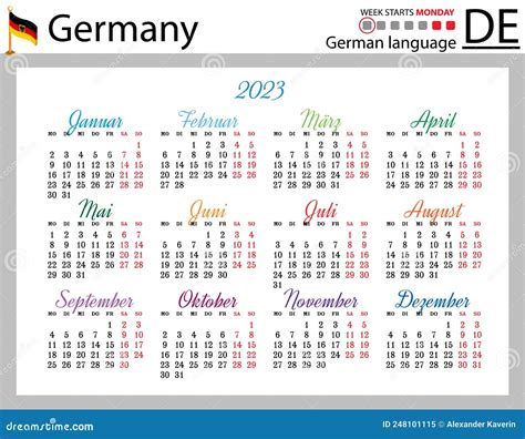 German Horizontal Pocket Calendar For 2023 Week Starts Monday Stock