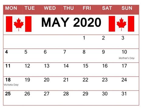 May 2020 Canada Calendar School Holiday Calendar Holiday Calendar