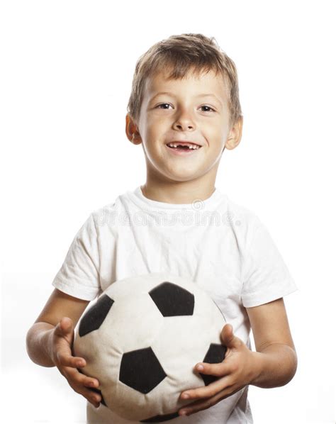 Little Cute Boy Playing Football Ball Isolated On White Close Up
