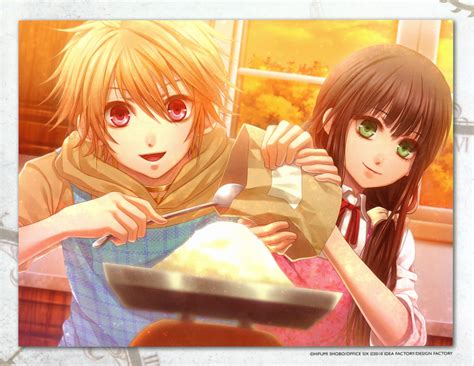 Anime Girl Couple Clock Zero ~shuuen No Ichibyou~ Apron Blonde Hair Brown Hair Green Eyes Happy