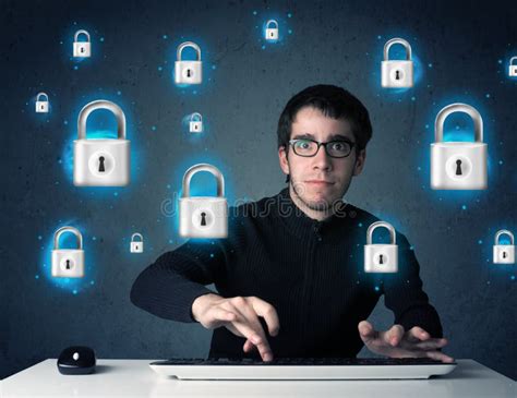 Young Hacker With Virtual Lock Symbols And Icons Stock Image Image Of