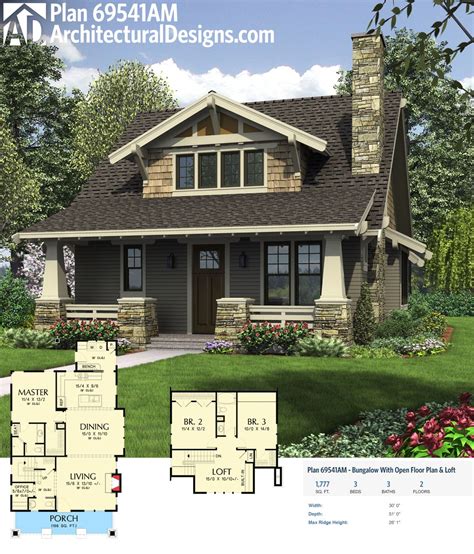 Upstairs you'll find three suites and a large bonus room. Plan 69541AM: Bungalow With Open Floor Plan & Loft ...
