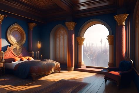 Lexica - Interior medieval, fantasy elven bedroom looking out window