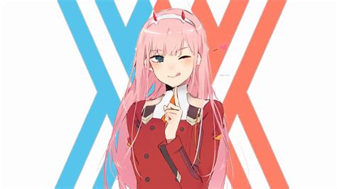 Darling In The Franxx Zero Two Hiro Zero Two Blinking An Eye And Showing Index Finger With White
