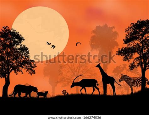 Sunset Safari Wildlife Silhouetted Against Sunset Stock Vector Royalty
