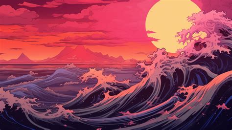 Ocean Wave Sunset Japanese Art 4k 8761m Wallpaper Pc Desktop