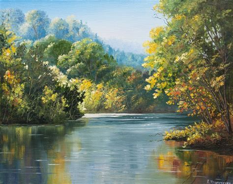 Fall Landscape Oil Painting Original Art On Canvas Autumn Forest River