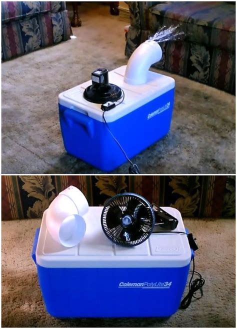 Two Pictures Of A Cooler With A Blower Attached To It