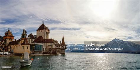 Beautiful Medieval Castle Oberhofen On Thun Lake Alps Switzerland High