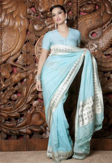 Sunny Leone In Saree Hot Photos Blue Looks Cool To Eyes Sunny Looks