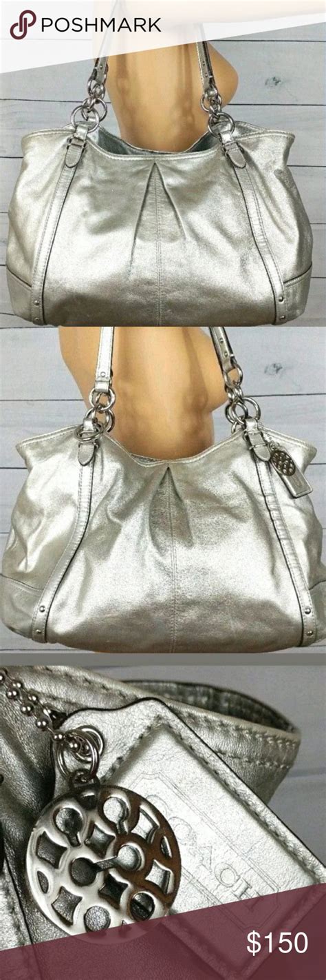 Coach Silver Metallic Shoulder Tote Handbag In 2021 Shoulder Tote Tote Handbags Metallic Silver
