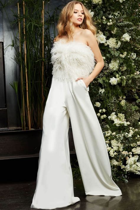 jovani bridal 1542 white strapless feather jumpsuit