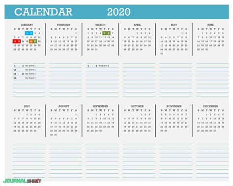 Yearly Calendars Journalsheet