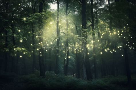 Fantasy Forest With Light Bulbs In The Dark And Foggy Night Stock