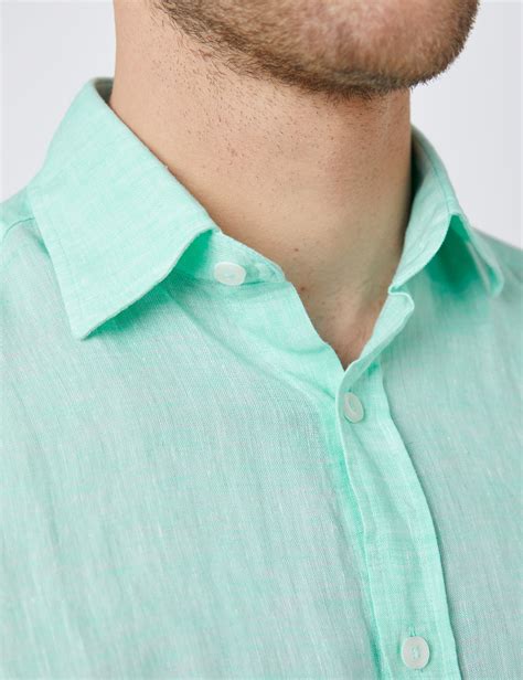 Mens Mint Green Tailored Fit Short Sleeve Linen Shirt Hawes And Curtis