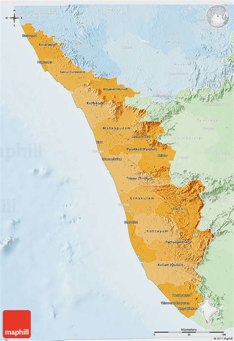 View all posts about kerala. Political Shades 3D Map of Kerala, lighten