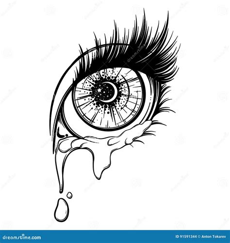 Płaczący Oko W Anime Lub Manga Projektuje Z Teardrops I Odbiciami