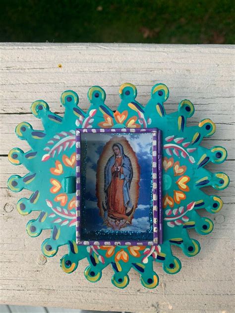 Virgen De Guadalupe Virgin Mary Mexican Metal Nicho Hand Painted 5x4