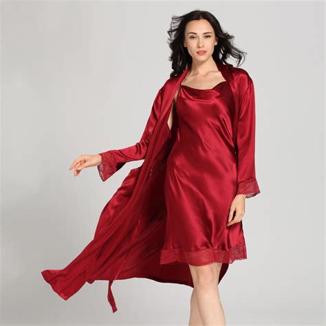 Women Long Lace Silk Nightgownrobe Set 22 Momme 100 Mulberry Silk