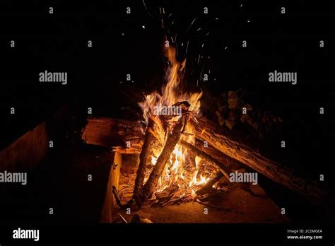 Camp Fire Burning In The Night Stock Photo Alamy