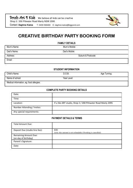 Creative Birthday Party Booking Form